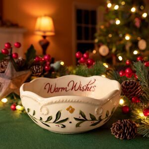 Fitz and Floyd Christmas Bowl Warm Wishes Sentiment Holiday  Holly Berries Gift